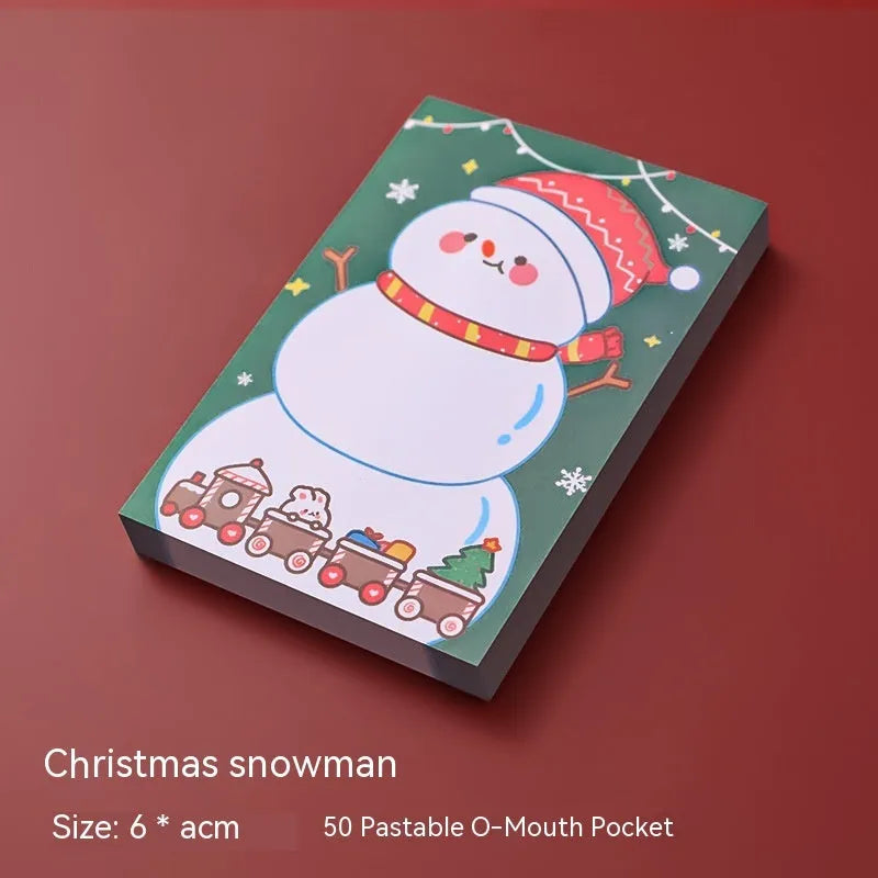 Christmas cartoon sticky notes pad with Santa, snowman, elf, gift, sled, house, bear and crystal ball designs