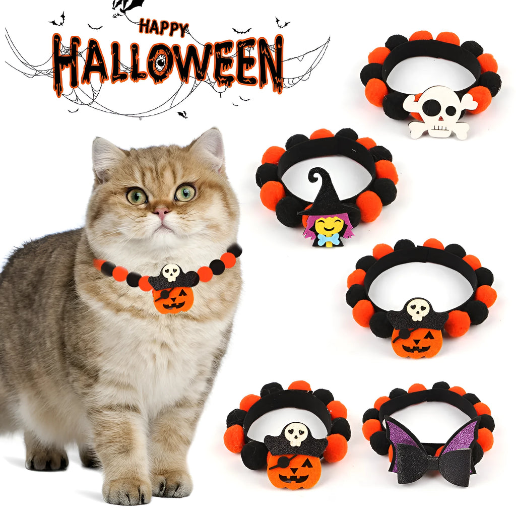 Halloween pet collar with fur ball decoration in orange pumpkin design