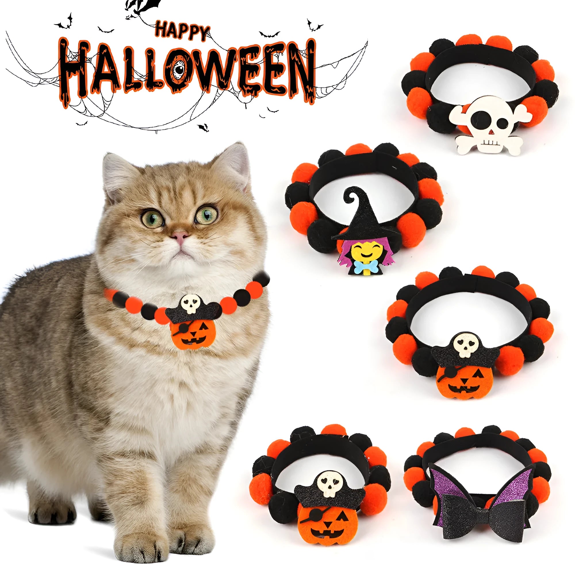 Halloween pet collar with fur ball decoration in orange pumpkin design