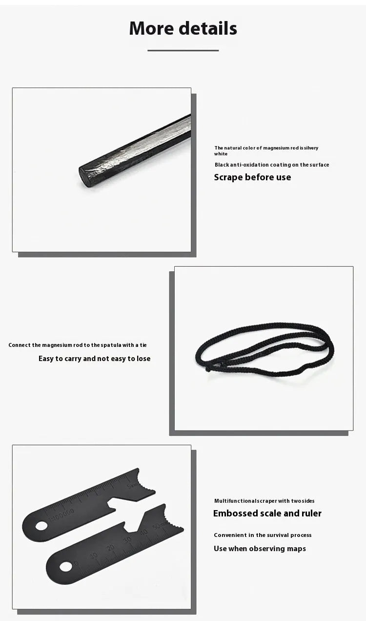 Black multifunctional camping flint with magnesium rod and stainless steel scraper showing graduated scale and bottle opener
