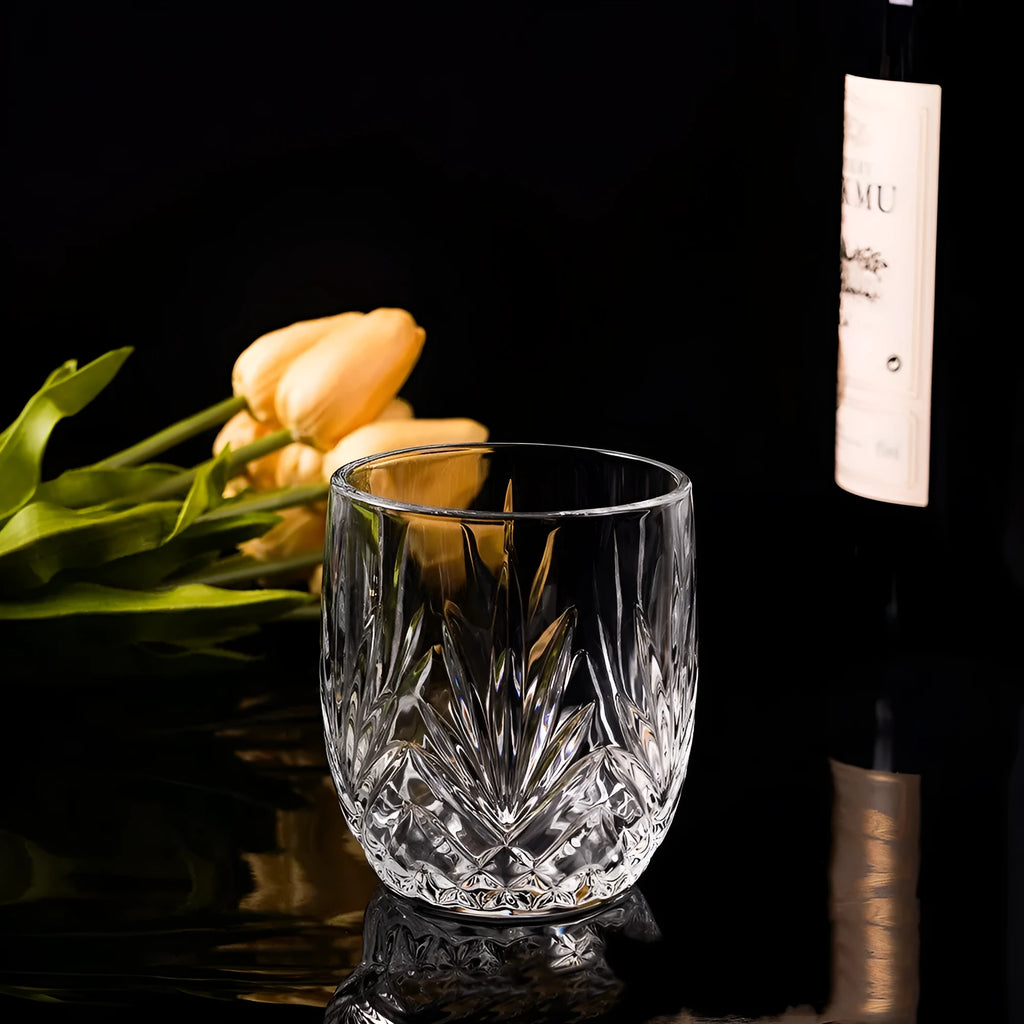 Clear crystal whiskey shot glass with thick heavy base, shown in selected colour style