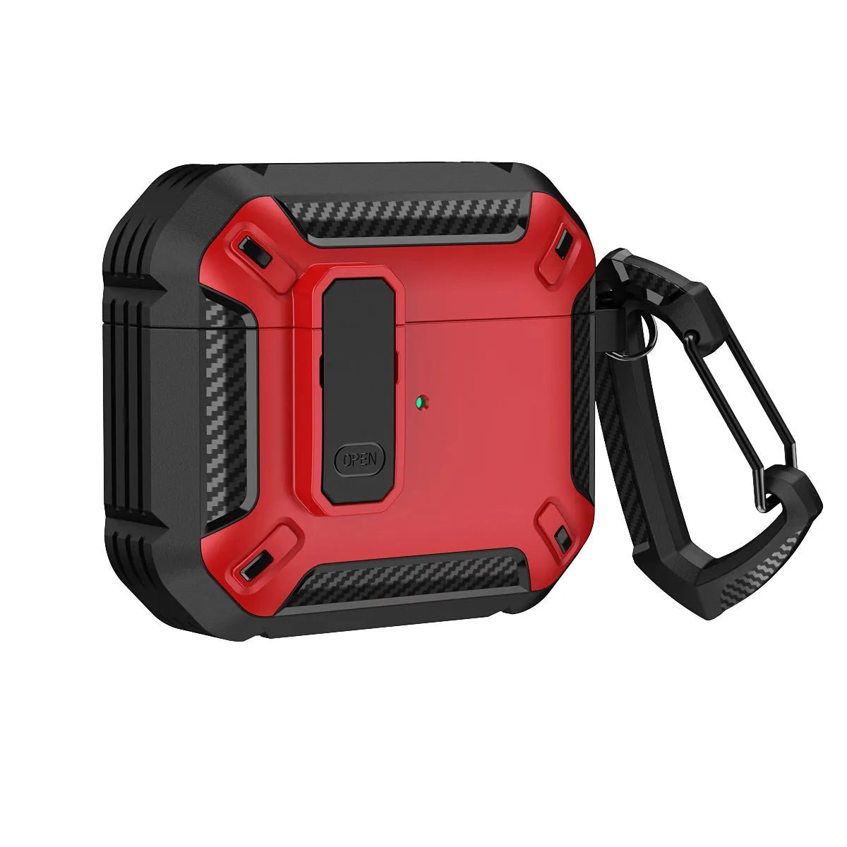 AirPods plastic clamshell protective case in a two-colour design with an attached metal carrying hook