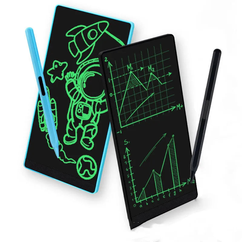Blue LCD handwriting board with stylus on a desk, showing handwritten arithmetic on its 6.5-inch screen.