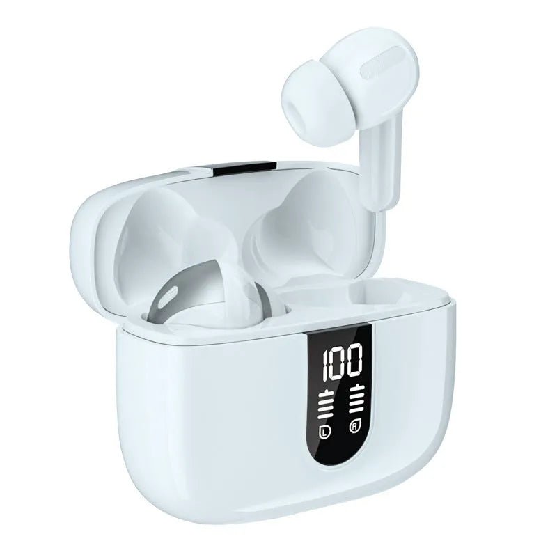 Jerry X08 wireless Bluetooth in-ear headphones with digital display and USB charging case in black, grey or white.