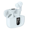 Jerry X08 wireless Bluetooth in-ear headphones with digital display and USB charging case in black, grey or white.
