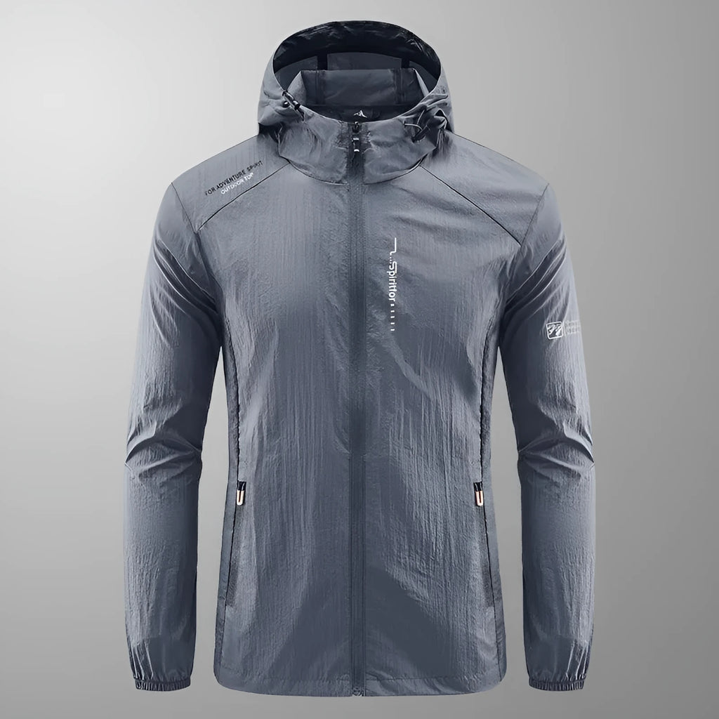Men's lightweight hooded nylon summer jacket in loose fit, shown in light grey colour.