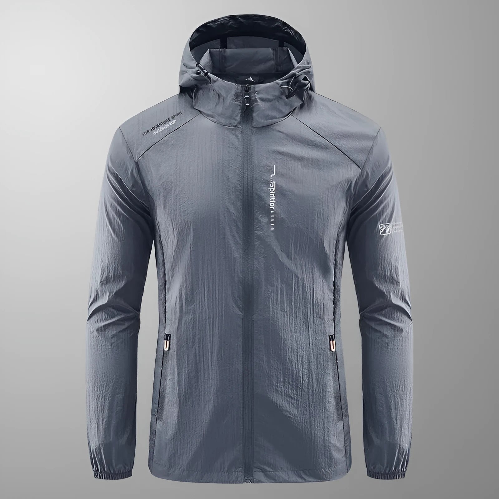 Men's lightweight hooded nylon summer jacket in loose fit, shown in light grey colour.