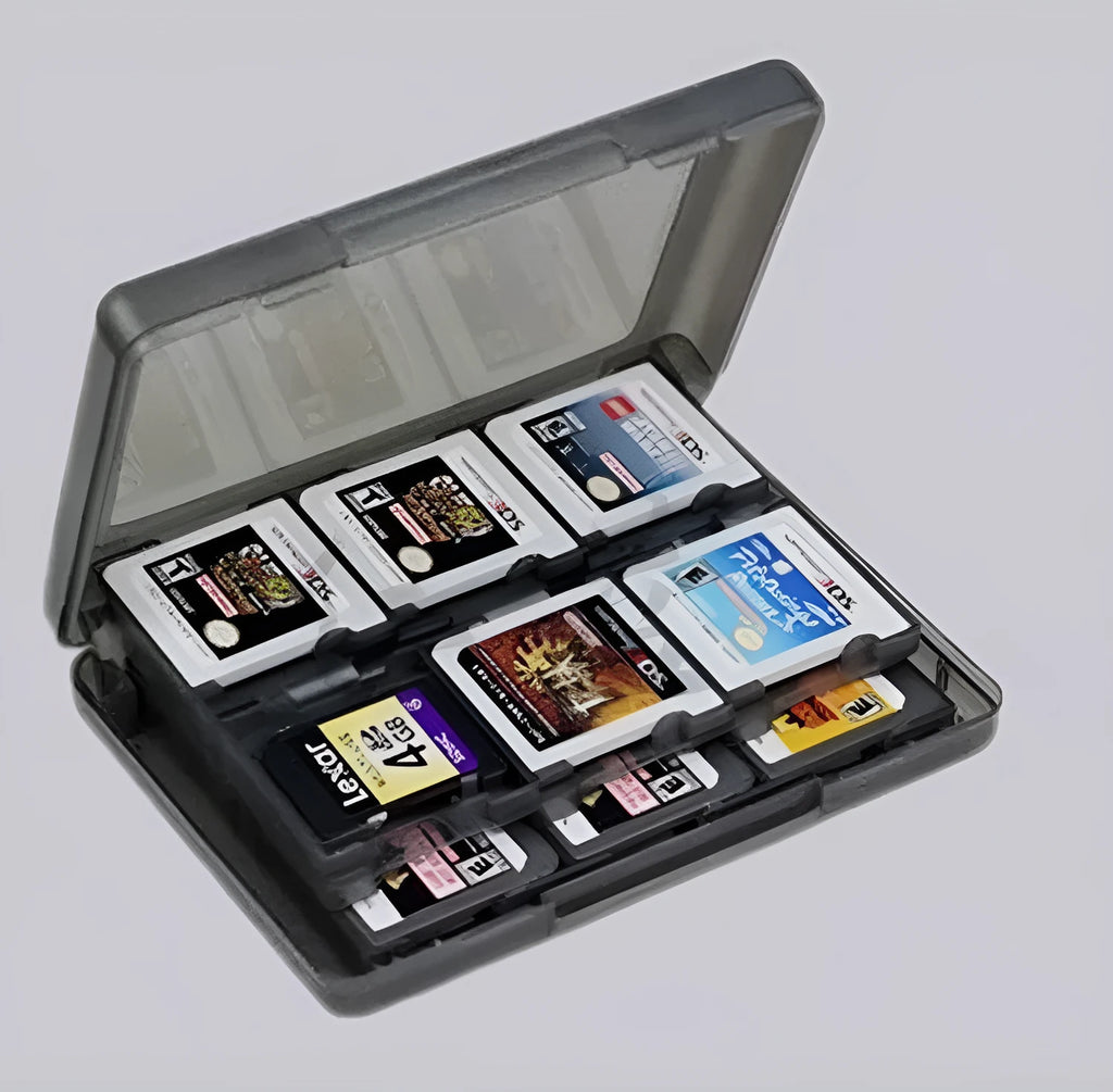 NDS 3DS 28-in-1 game card storage box in PP plastic, shown in black, blue, pink, or white.