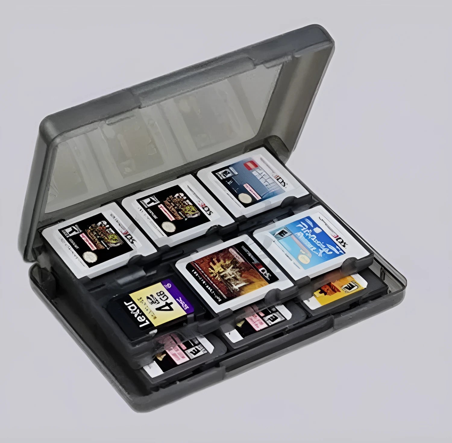 NDS 3DS 28-in-1 game card storage box in PP plastic, shown in black, blue, pink, or white.