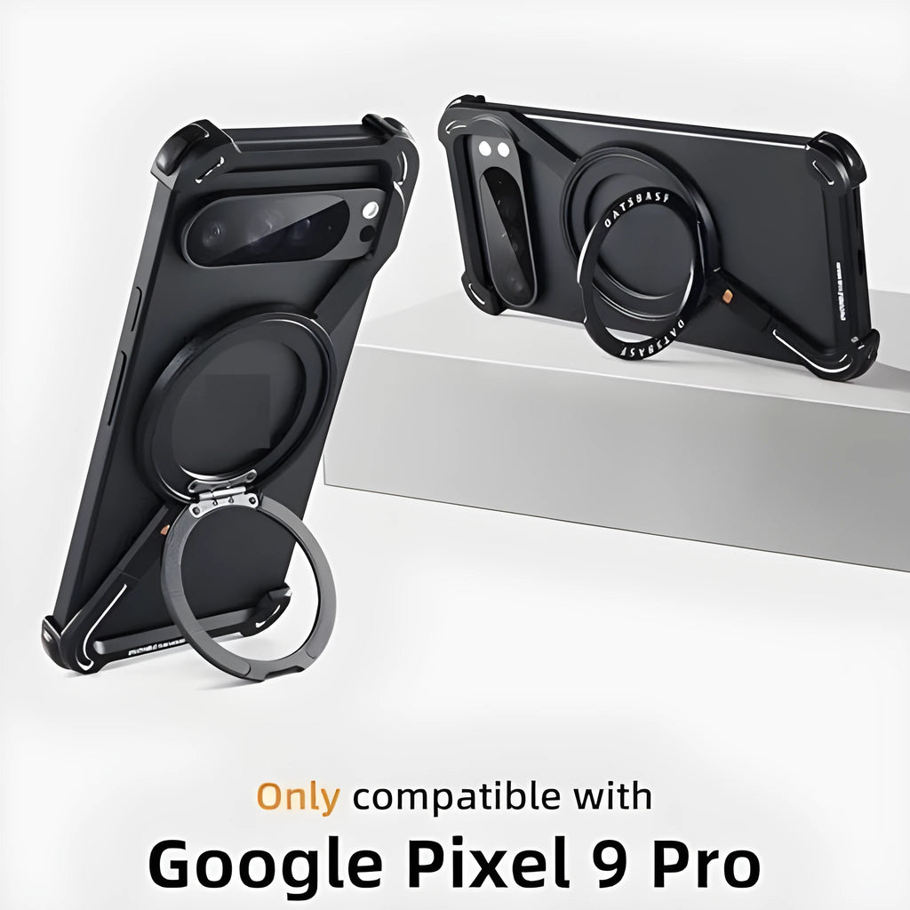 Black metal hollow phone case with rotating bracket and magnetic suction for Google Pixel 9, 9 Pro, 9 Pro XL.