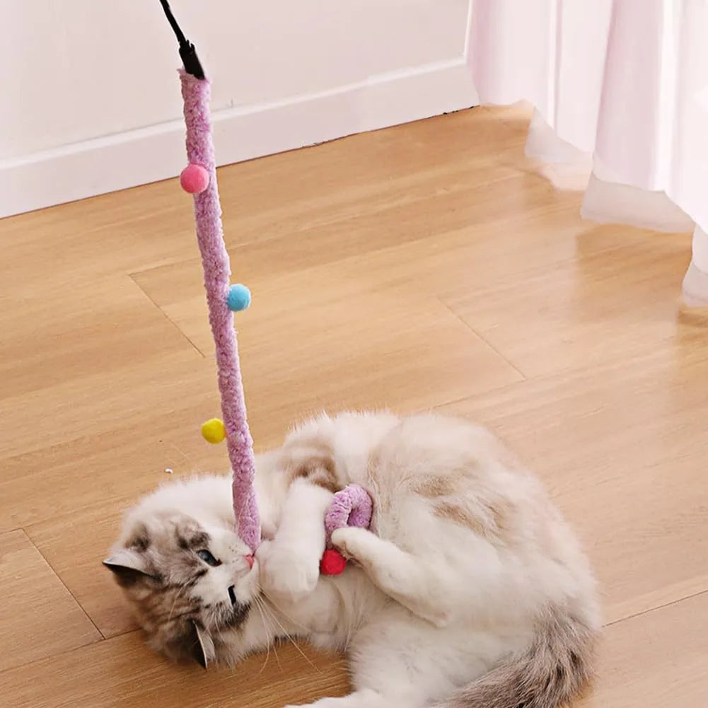 Blue cat wand toy with long plush strip and fluffy ball with bells on a 41cm pole