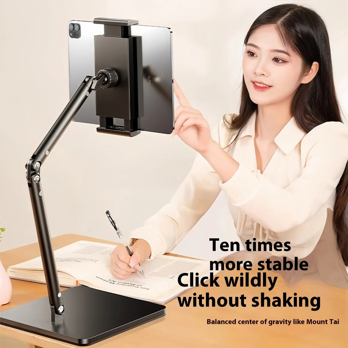 Metal desktop phone bracket with square double arms and remote control for streaming
