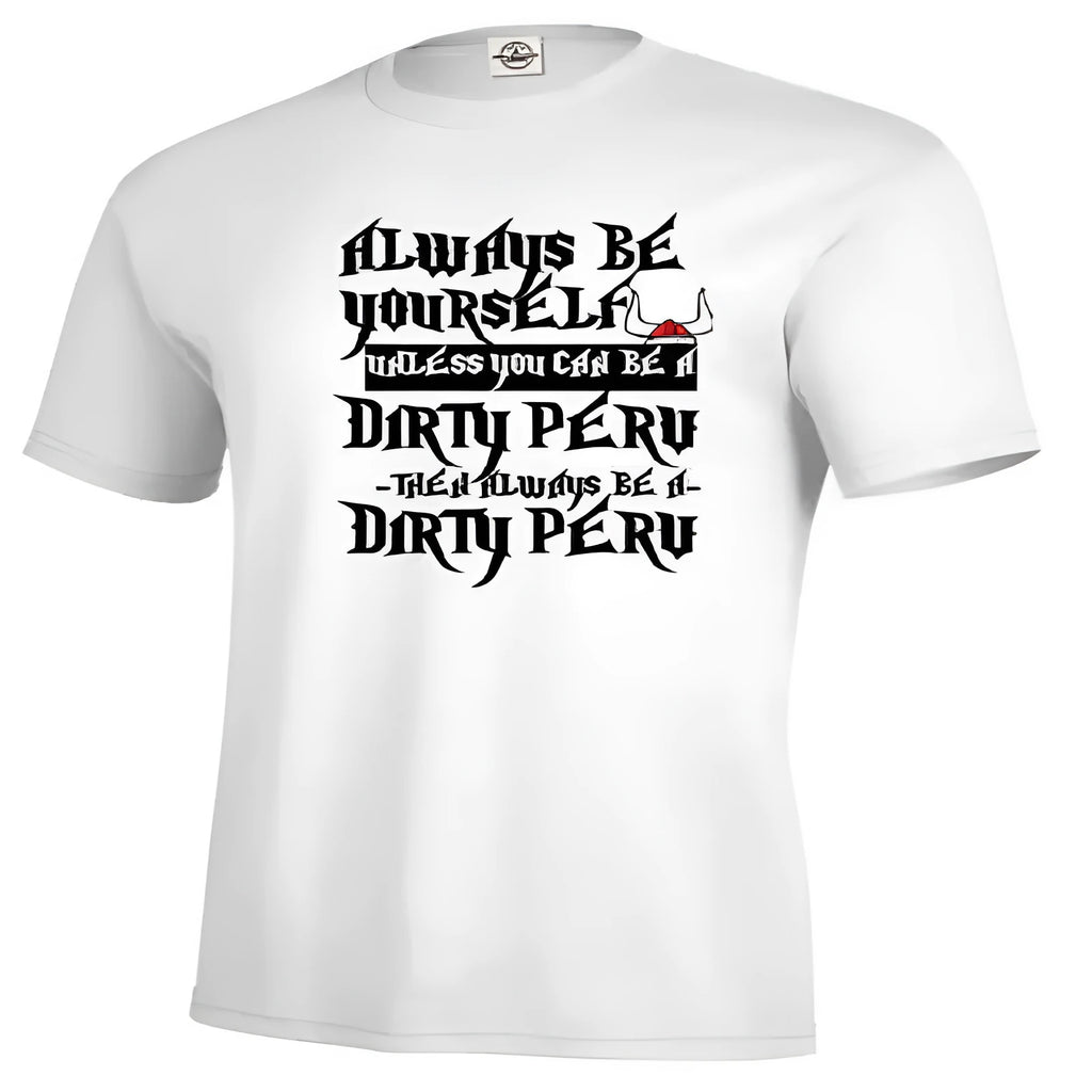 Men's white printed short sleeve polyester T-shirt on hanger showing straight cut casual design