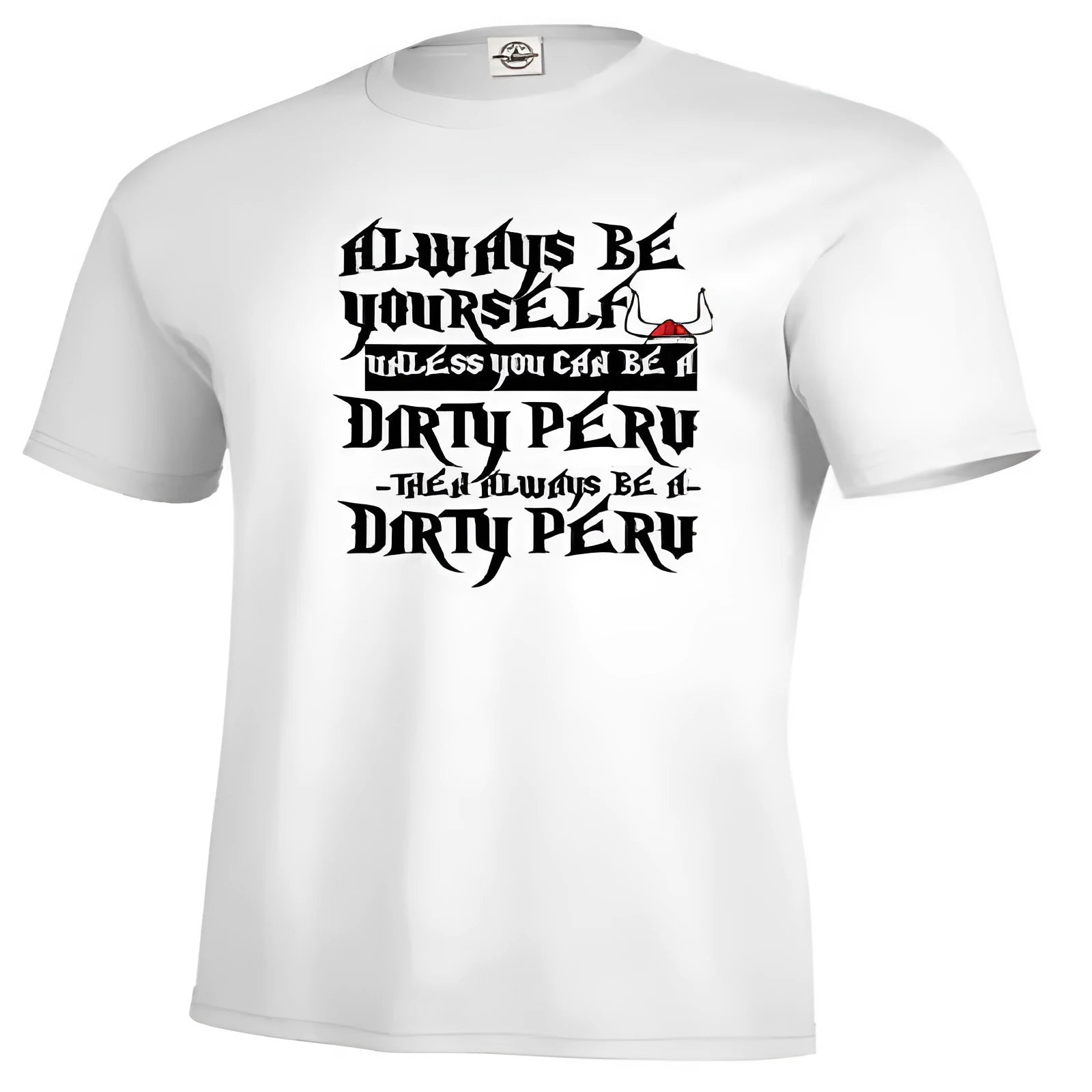 Men's white printed short sleeve polyester T-shirt on hanger showing straight cut casual design