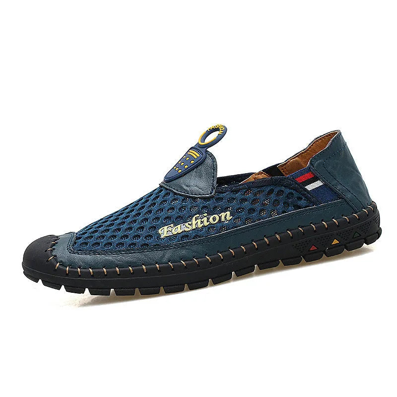 Men's brown breathable mesh casual slip-on shoes with a round toe and rubber sole on a white background.