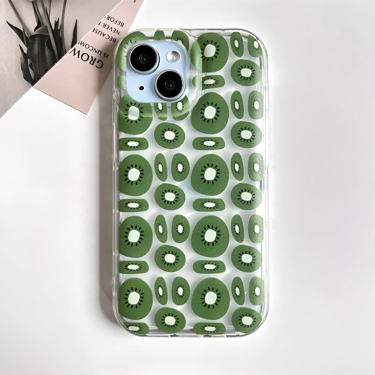 Transparent TPU phone case with realistic sliced kiwi fruit pattern for iPhone