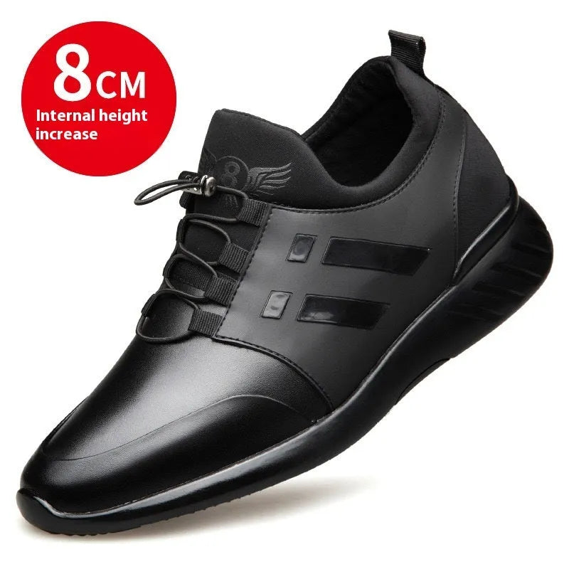 Men's black casual shoes with concealed height increase platform in leather, Lycra or mesh options