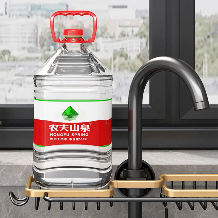 Kitchen faucet rack drain basket in space aluminium, single bar, installed on a silver tap over a sink