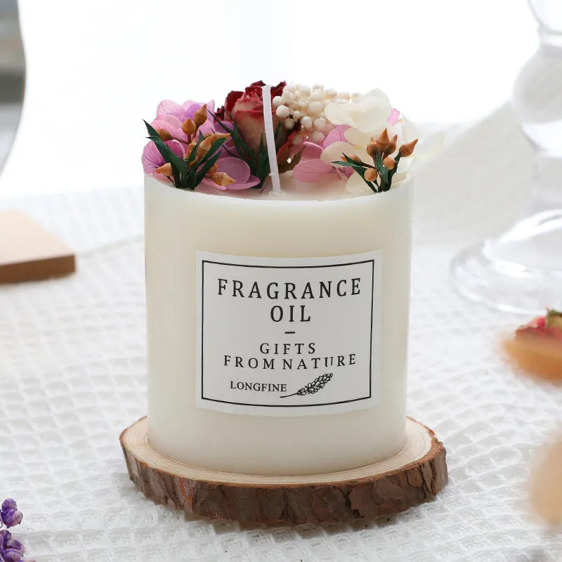 Dried flowers decorative aromatherapy candle with wooden chip base gift packaging