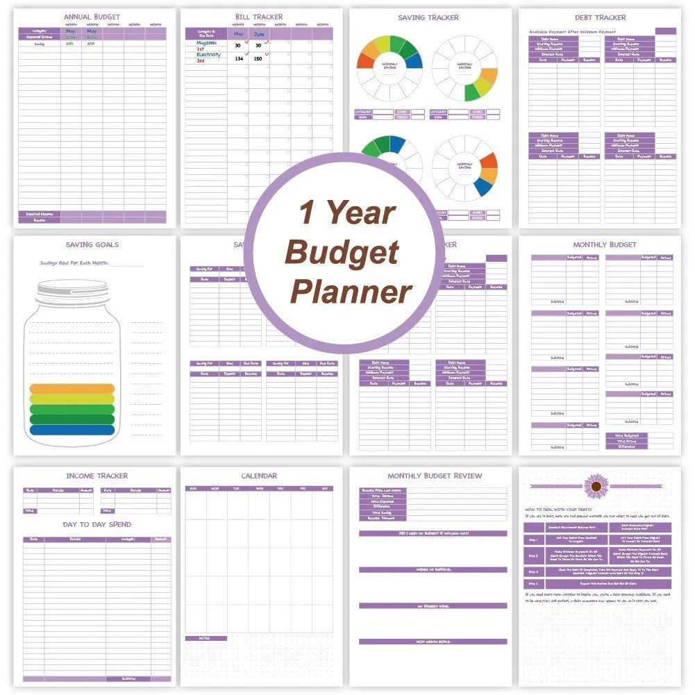 Purple coil-bound budget book with stickers and paper clips for monthly financial planning