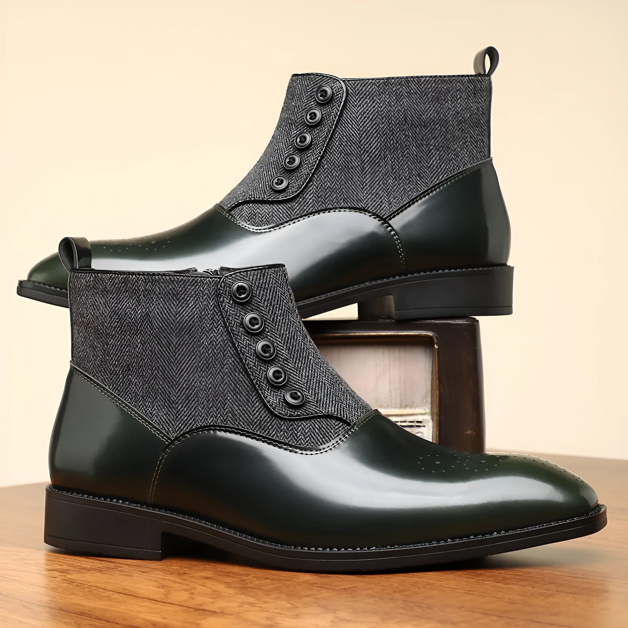 Men's brown and green retro formal shoes with side zipper and square toe
