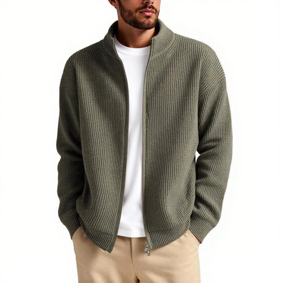 Men's loose V-neck cardigan sweater in grey colour showing casual fit