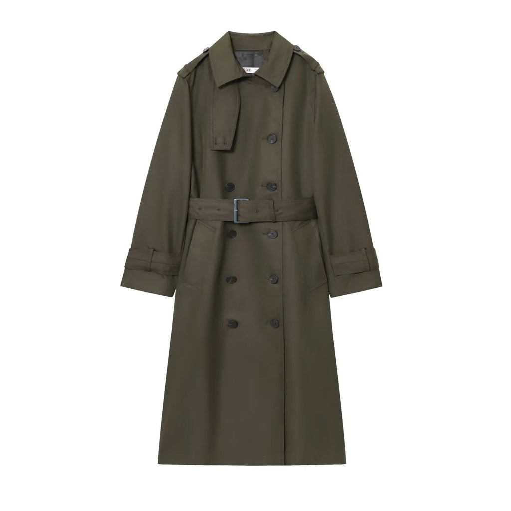 Women's double breasted trench coat, long sleeve, drawstring, dark green or khaki, sizes XS to L