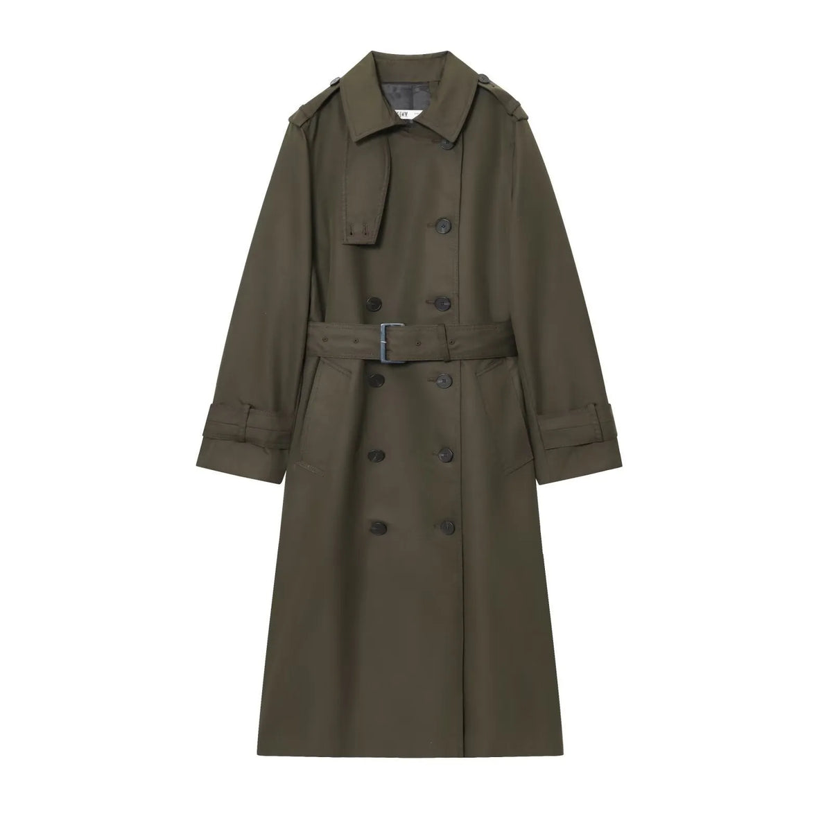 Women's double breasted trench coat, long sleeve, drawstring, dark green or khaki, sizes XS to L