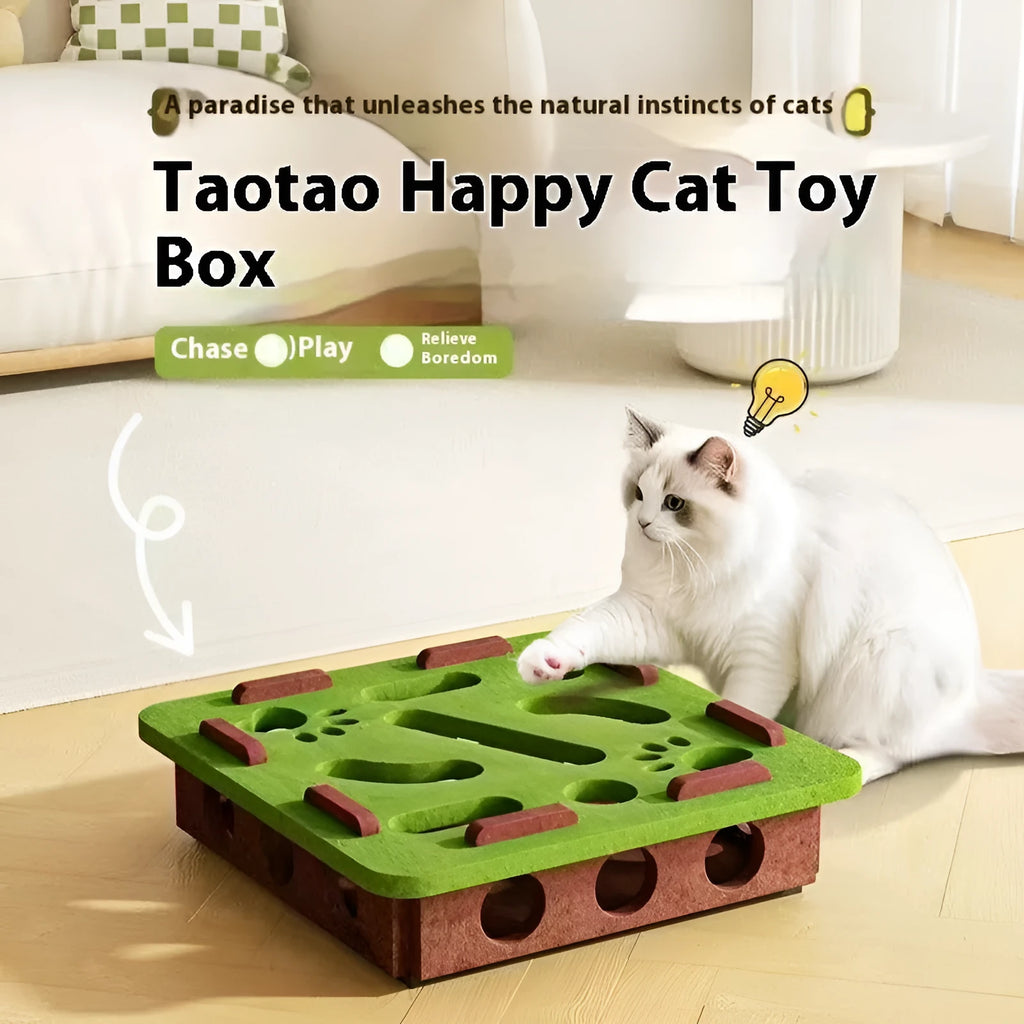 Green brown felt cube cat scratching toy with a square hole in the centre panel.