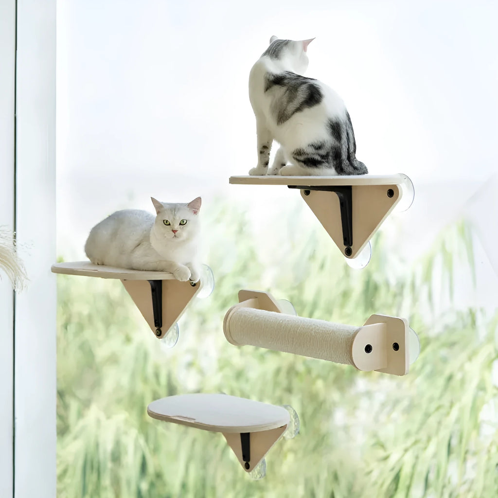 Cat scratch tree with sisal scratching rod, jumping platform and space capsule cat nest mounted on glass using suction cups