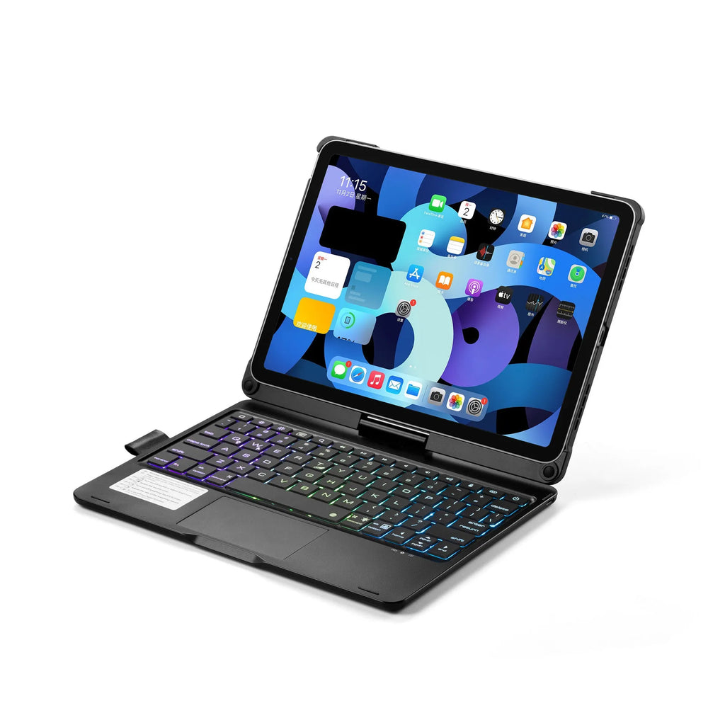 Rotating Bluetooth keyboard with backlight for iPad Pro and Air tablets in black, silver, or rose gold