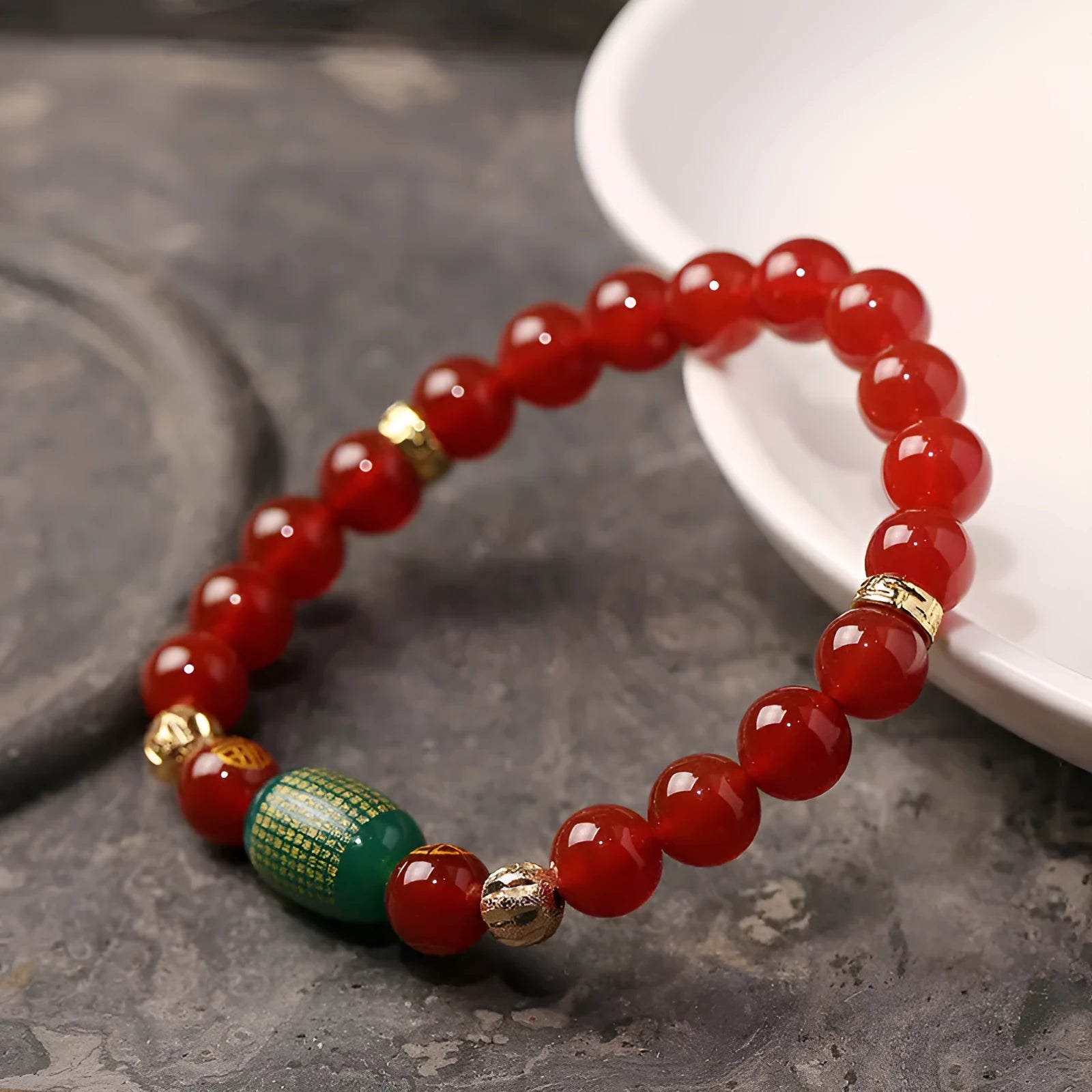 New Chinese Style unisex agate bracelet with Guanyin bead and auspicious patterns in green or red.