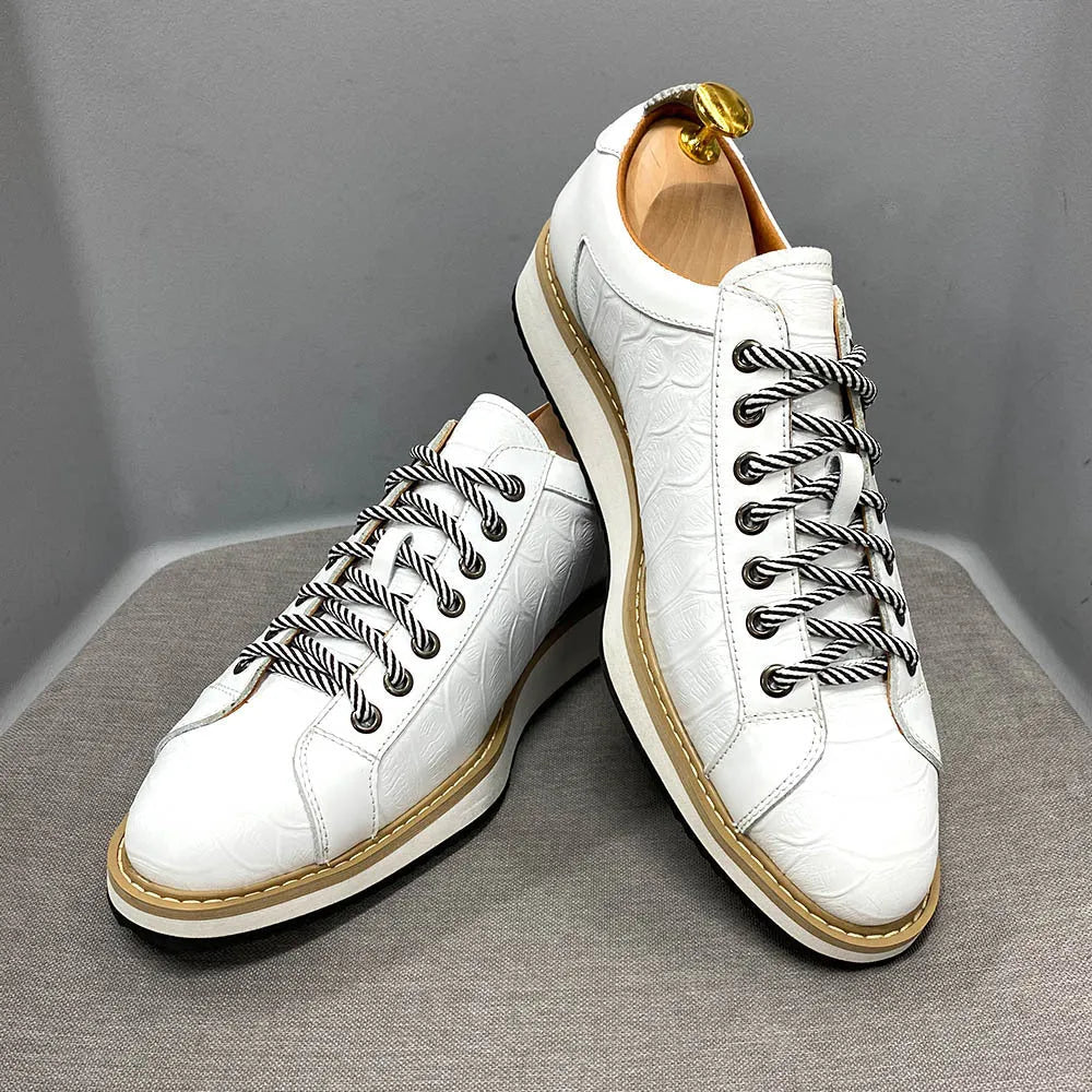 Men's low-tube handmade shoes with embossed pattern design and front tie closure in multiple colour options
