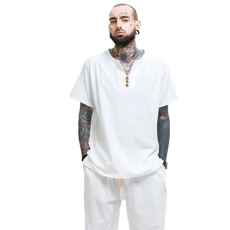 Men's loose cotton T-shirt in apricot colour showing relaxed fit and short sleeves