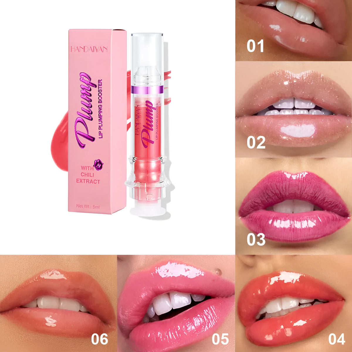 Small tube of liquid lip gloss with shiny texture, 5ml, multiple colour options