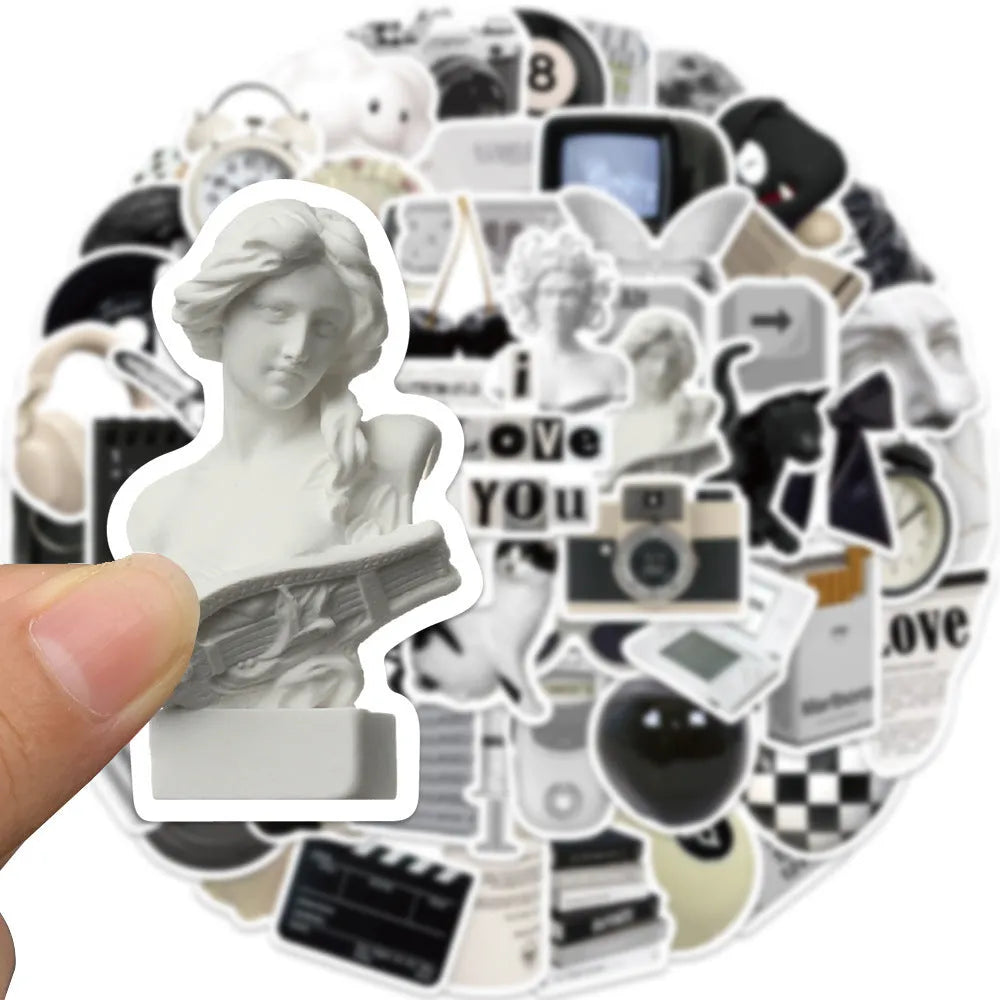 Black and white PVC waterproof sticker set with 61 pieces for multiple surfaces