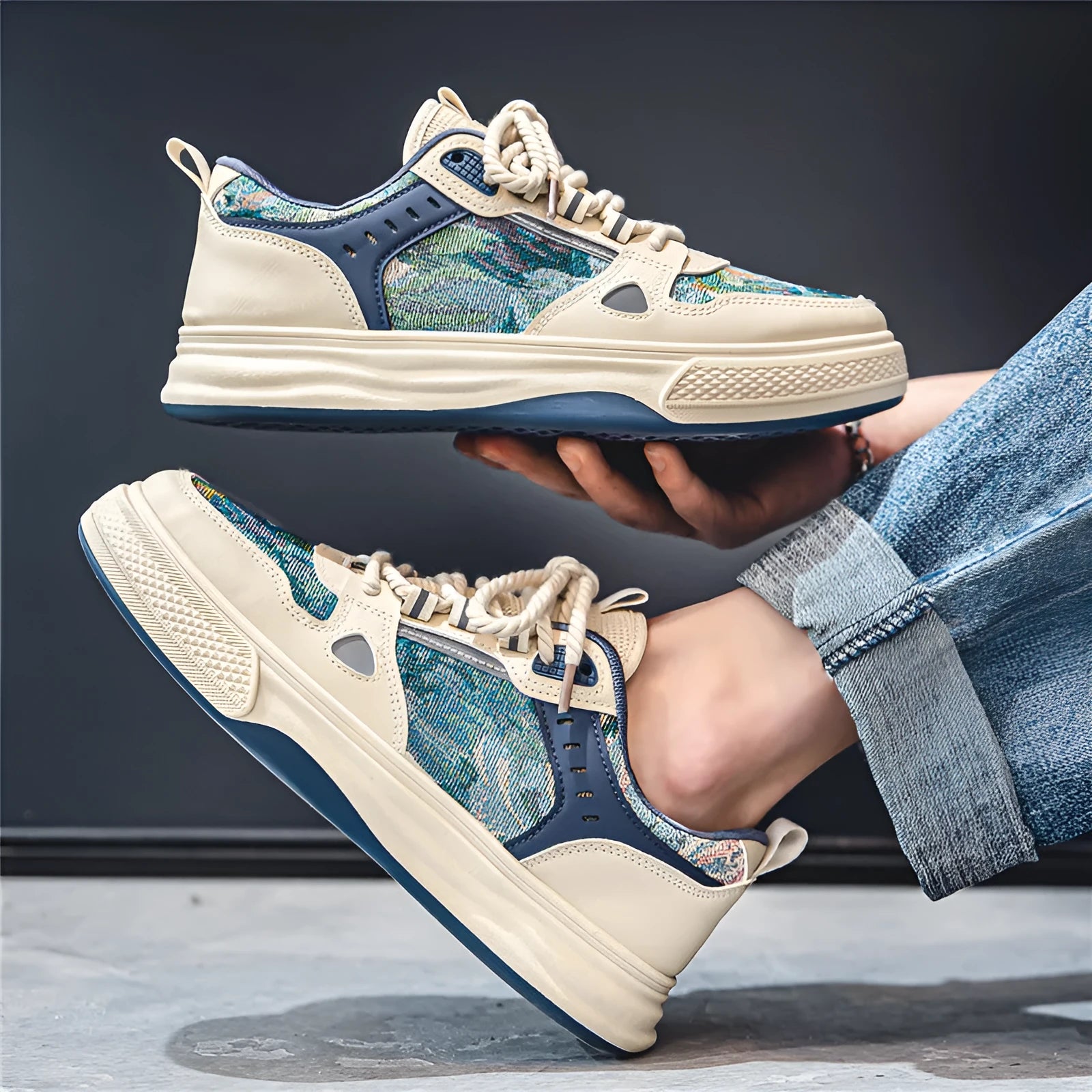 Casual beige and green canvas flat shoes for men with round toe, shown in sizes 39 to 44.