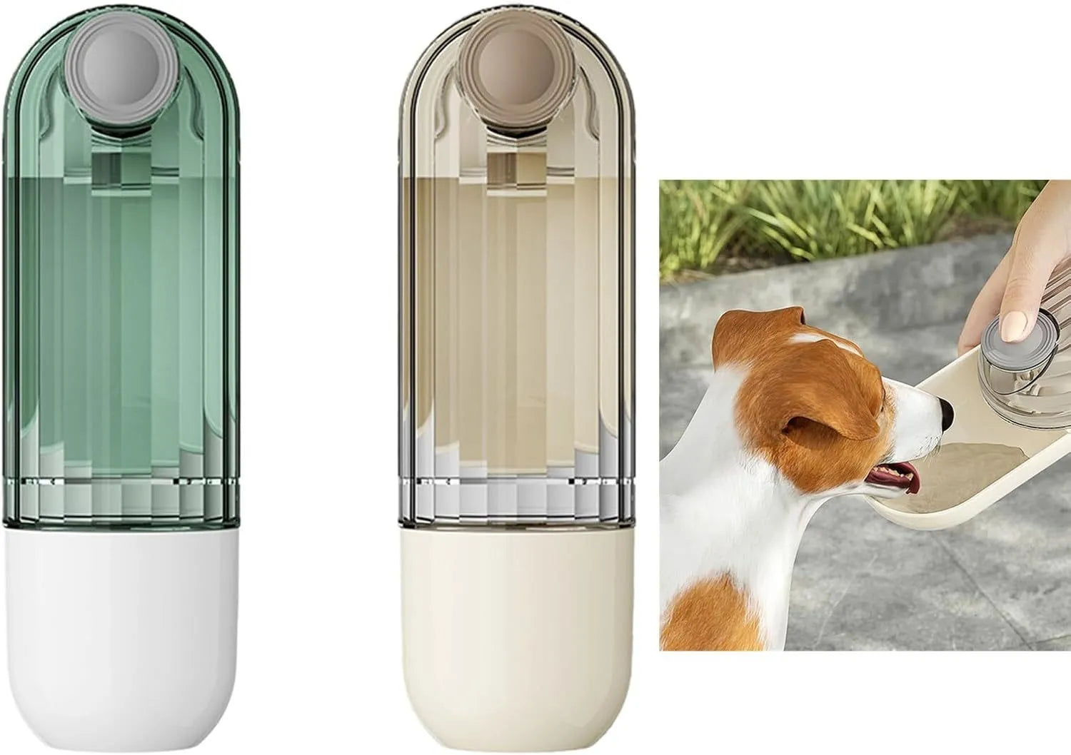 Foldable dog water bottle food dispenser with large drinking opening and integrated snack container