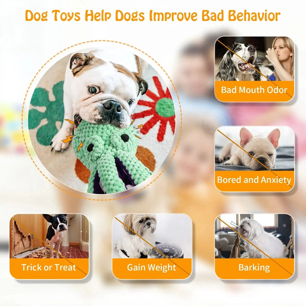 Blue octopus plush dog chew toy with six legs and squeaker for interactive play