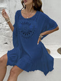 Crochet stitching patchwork skirt beach dress swimsuit cover-up in slubbed polyester fabric
