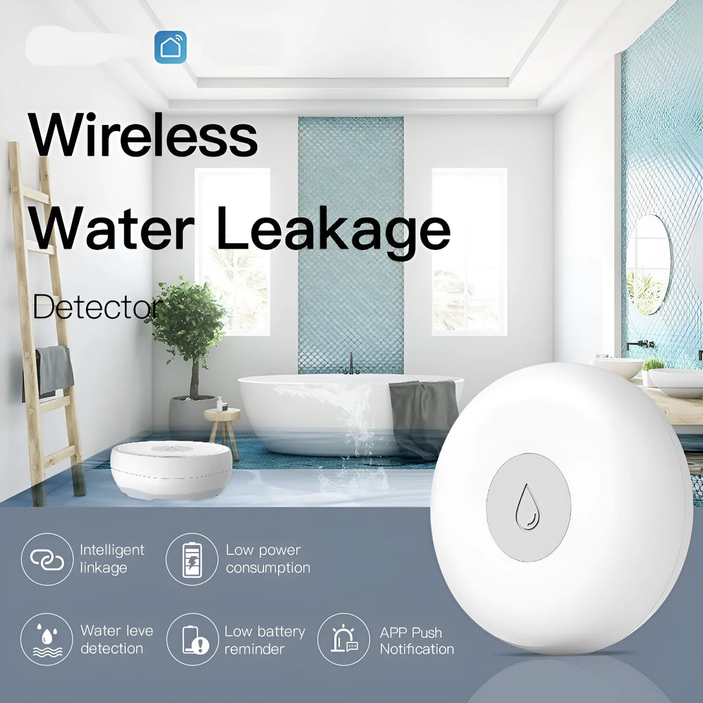 Smart wireless water leakage detection sensor with ZIGBEE 3.0 for APP, SMS, and phone alerts.