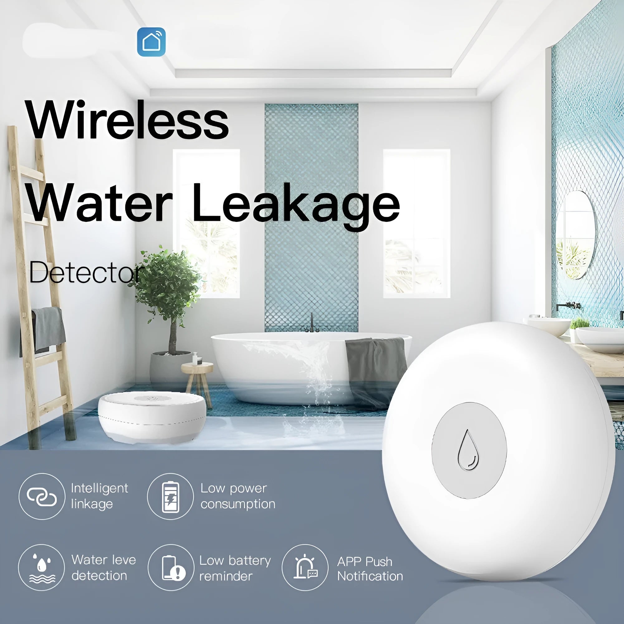 Smart wireless water leakage detection sensor with ZIGBEE 3.0 for APP, SMS, and phone alerts.
