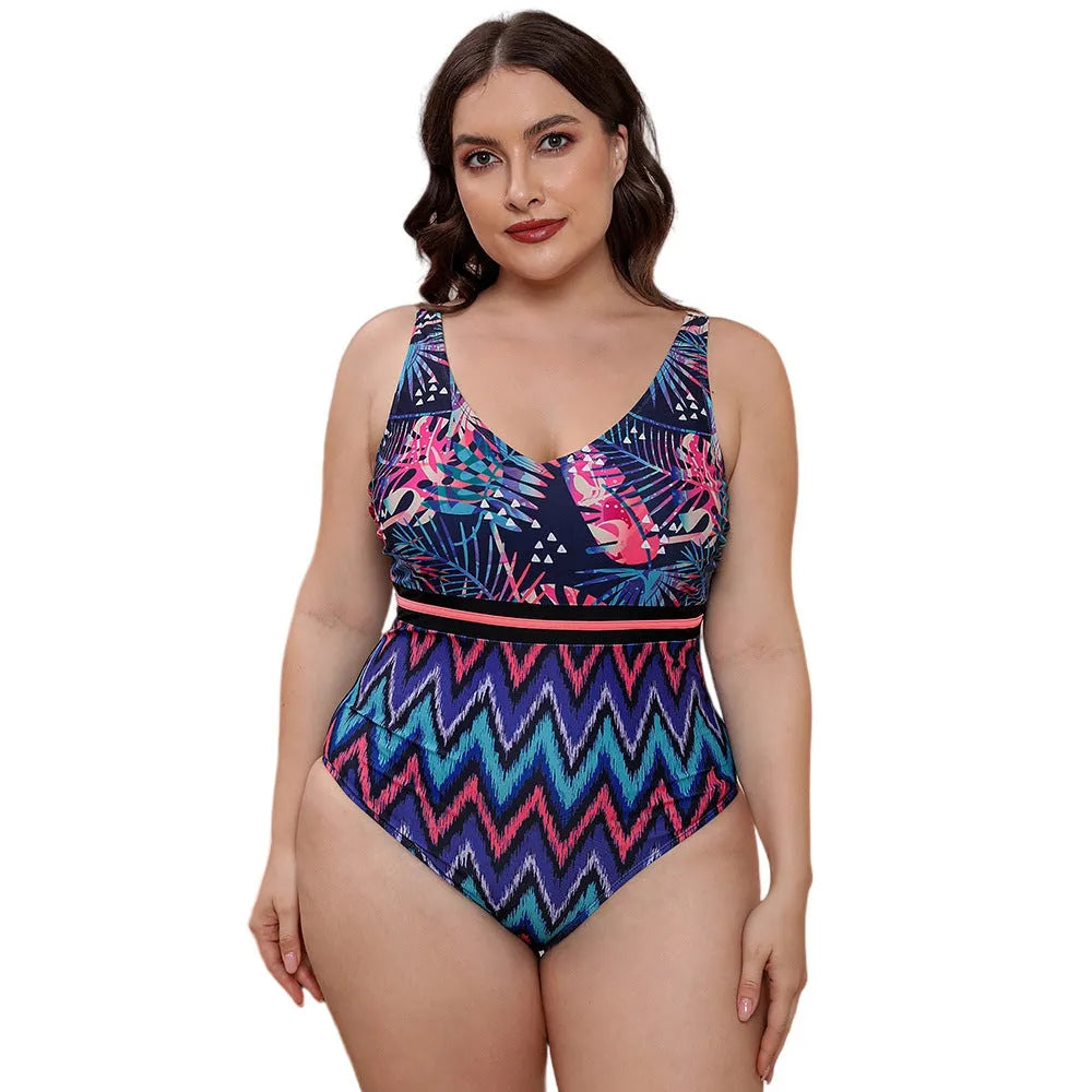 Blue printed one-piece swimsuit with spaghetti straps and a striped vest design for women's swimming.