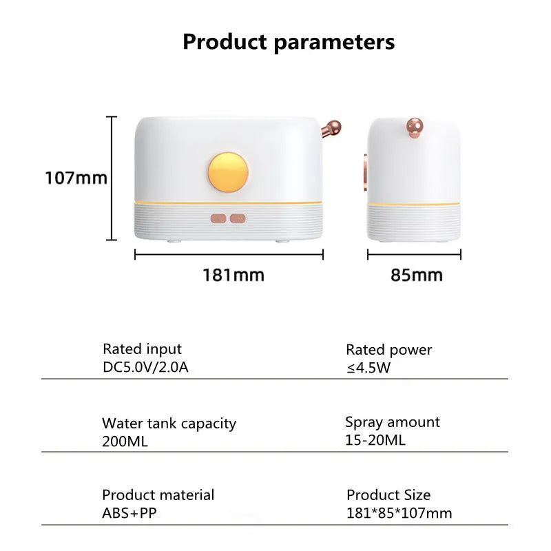 Black desktop humidifier with flame effect light and mist output, showing USB port and water tank.