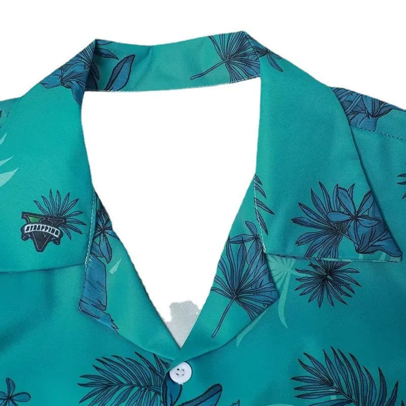 Men's green printed Hawaii beach shirt with loose fit and short sleeves, front view