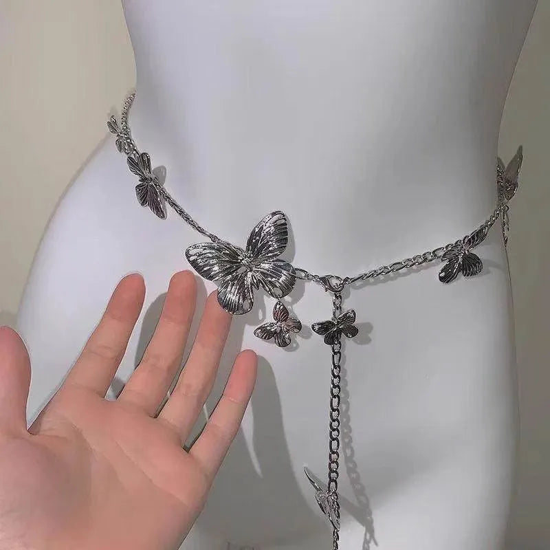 Gold and silver alloy waist chain with butterfly design measuring 104cm length