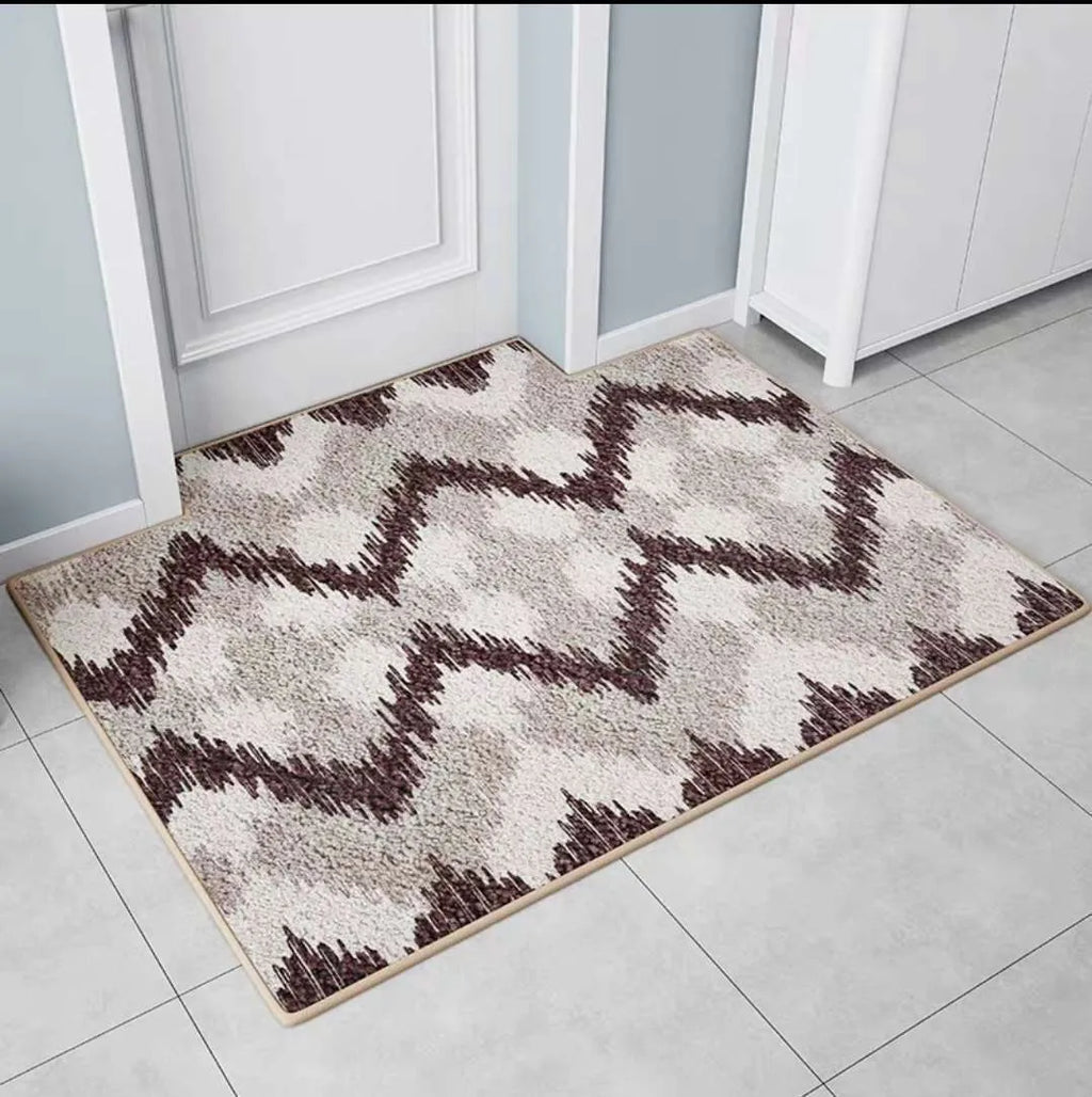 Modern minimalist geometric floor mat in polyester cotton, non-slip, available in wave, hairy geometric, ripple patterns.