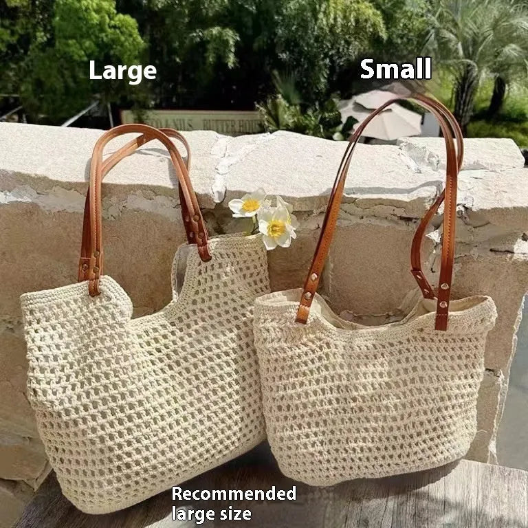 Beige woven cotton and linen large capacity shoulder bag with a choice of magnetic snap or zipper closure.