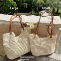 Beige woven cotton and linen large capacity shoulder bag with a choice of magnetic snap or zipper closure.