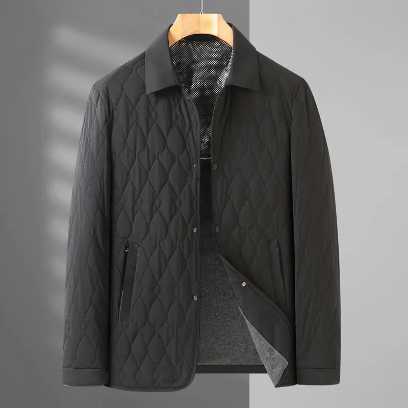 Men's lightweight diamond lattice cotton-padded coat in black, front view, regular fit